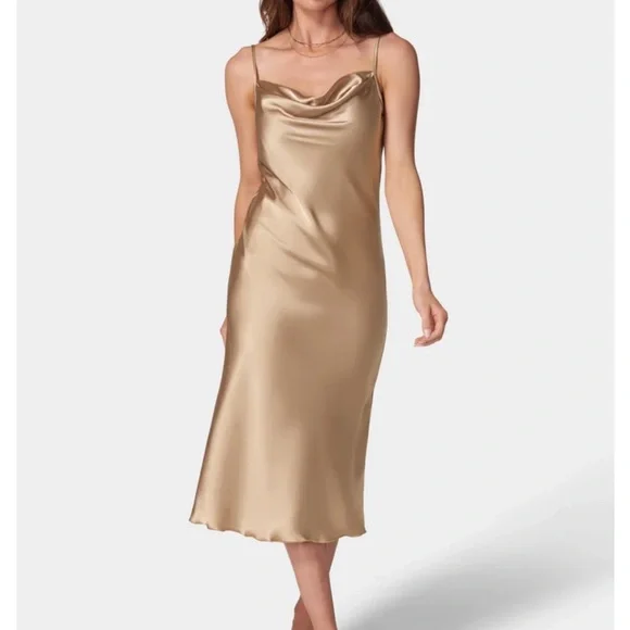 Elegant Gold Satin Slip Dress - Picture 1 of 3
